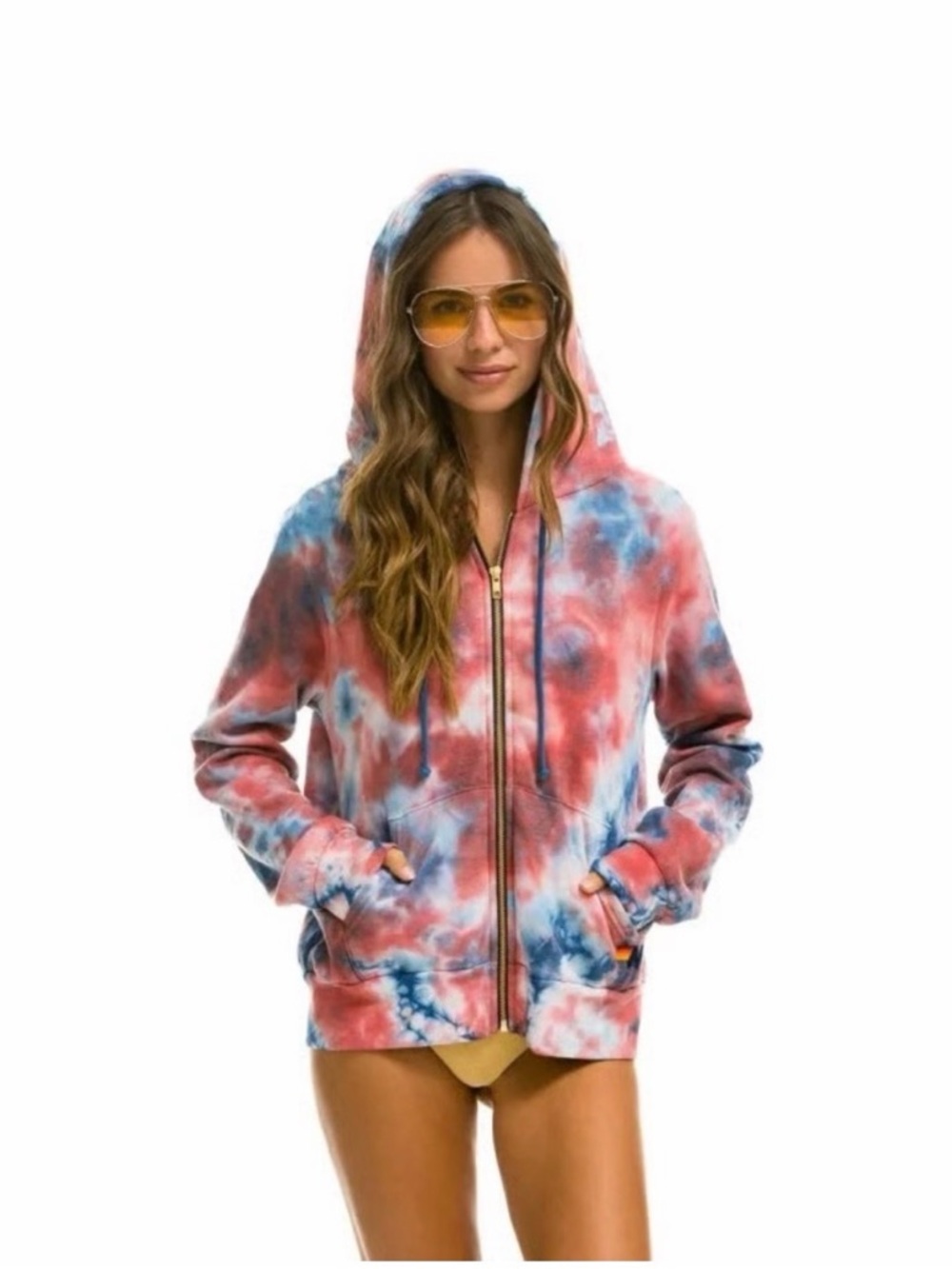 Tie-Dye Zip-Up Hoodie in Coral & Blue